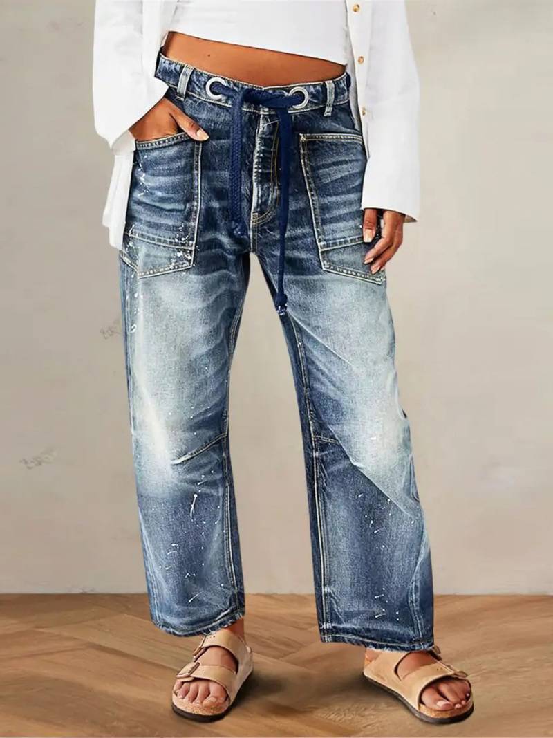 Women's high-stretch low-rise flared straight-leg jeans, blue beard wide pockets retro design, hip-wrapping and leg-lifting style