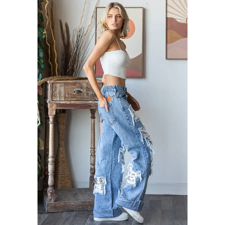 Washed Distressed Sequence Denim
