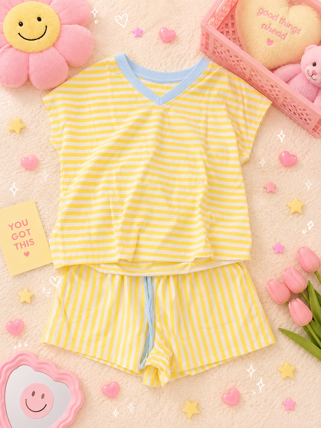 stripes half sleeve Tee draw string shorts