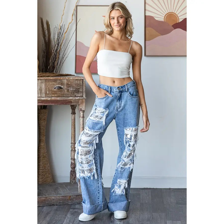 Washed Distressed Sequence Denim