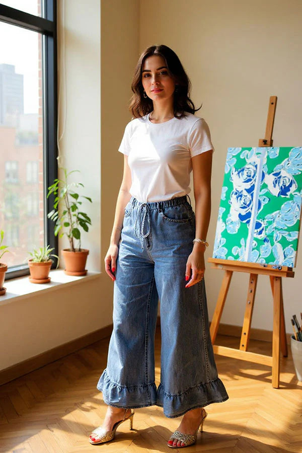 Blue denim color straight ruffle wide leg women pant