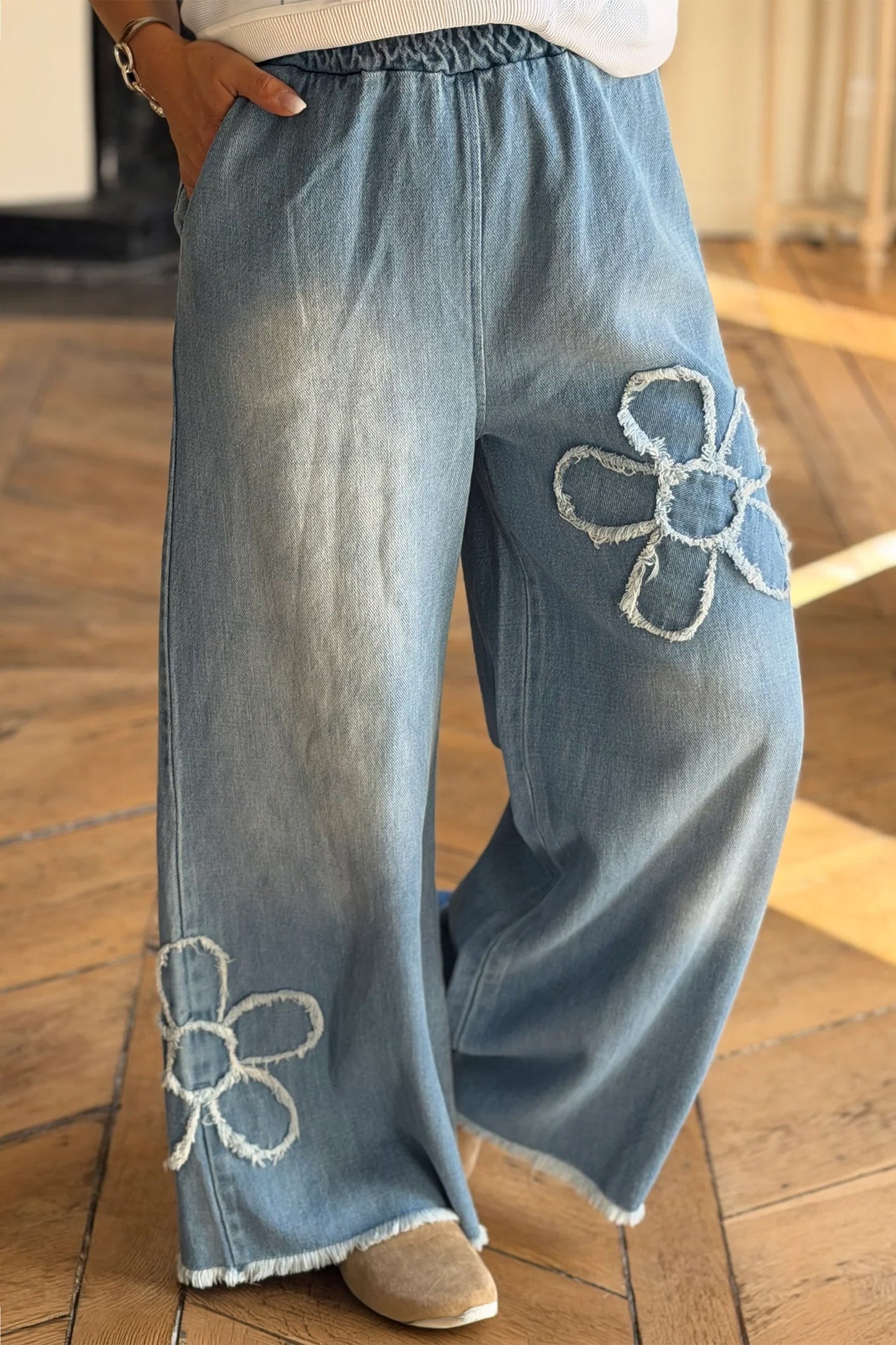 Wide Leg Jeans Floral Raw Hem Decoration Casual Pants