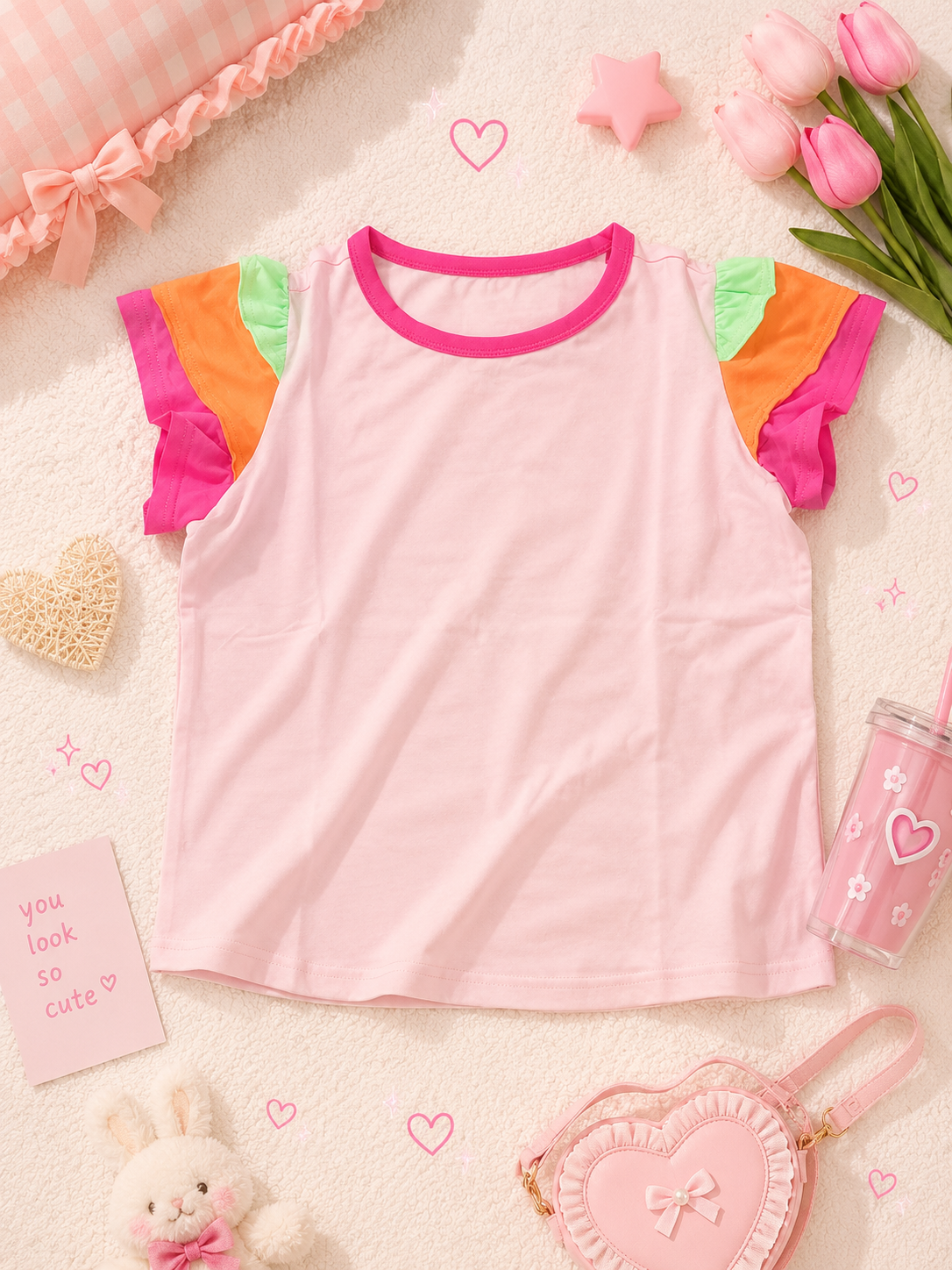color block flutter sleeve round neck t-shirt