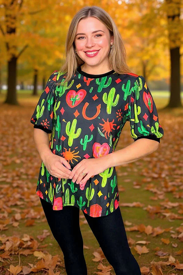 Western cactus printed short sleeve women t-shirt