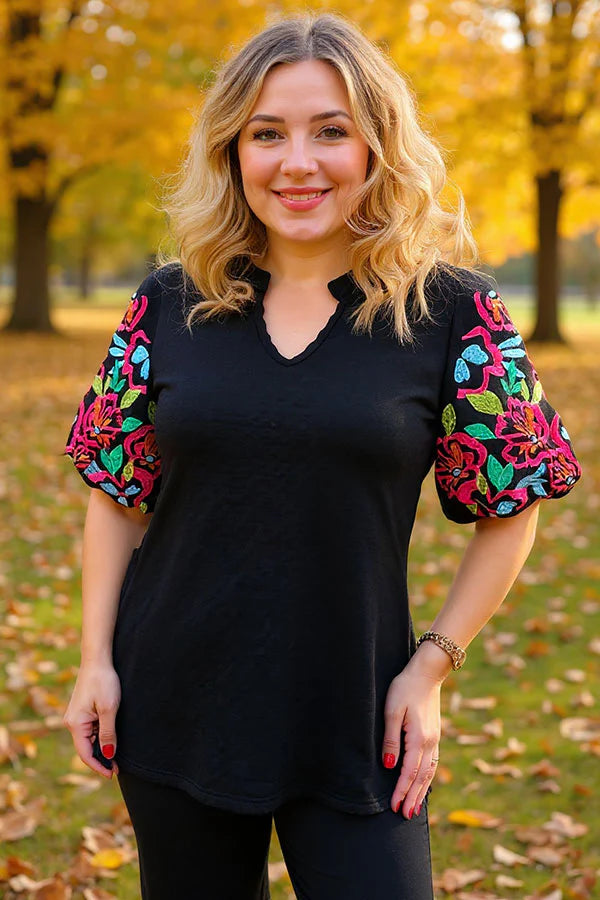 Floral embroidery lantern sleeves black knitted women blouse