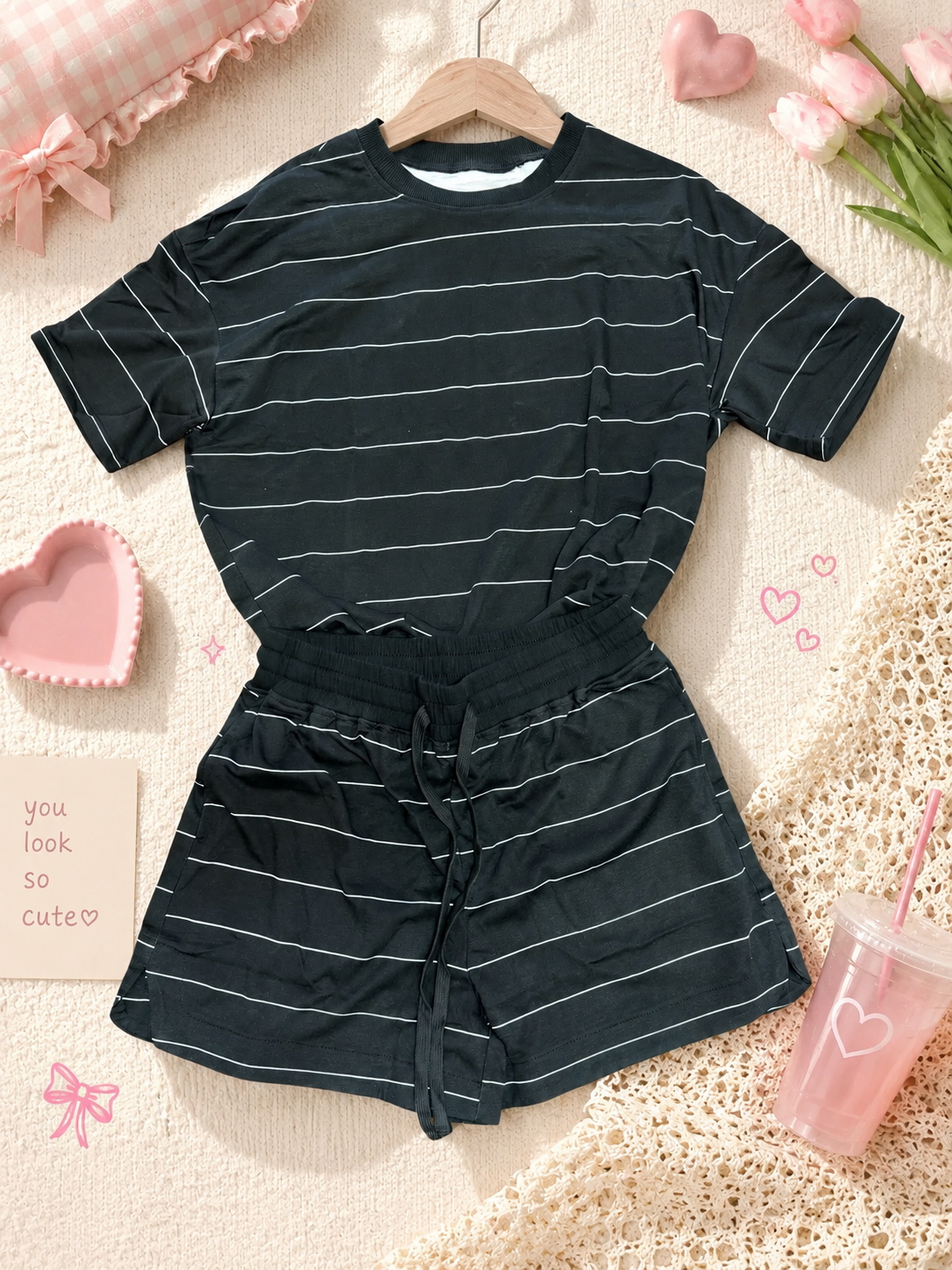 stripes half sleeve Tee draw string shorts
