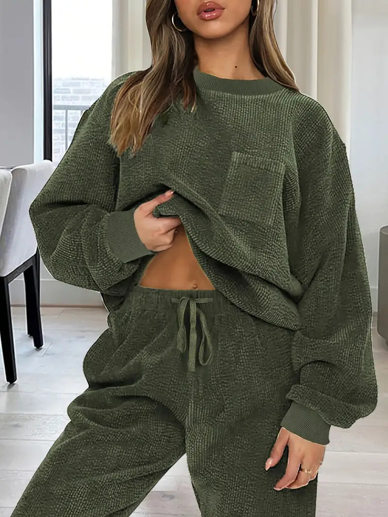 Women's Fashion Solid Color Round Neck Long Sleeve Top and Drawstring Pants Casual Two-Piece Set
