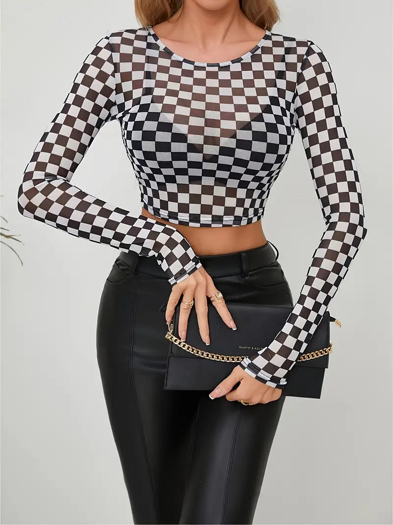 long sleeve checkered mesh shirt