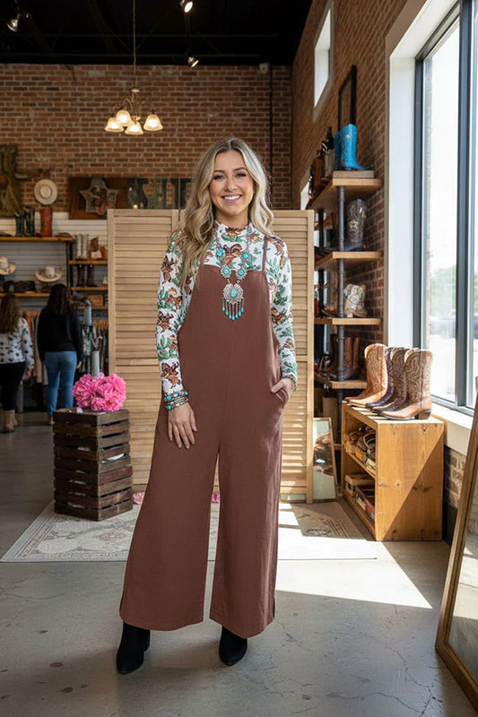 One piece cotton adjustable wide leg brown women jumpsuit