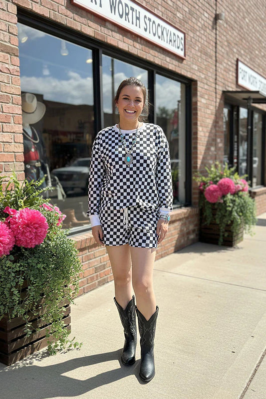 Black white checkered printed long sleeve top & shorts 2pc women sets