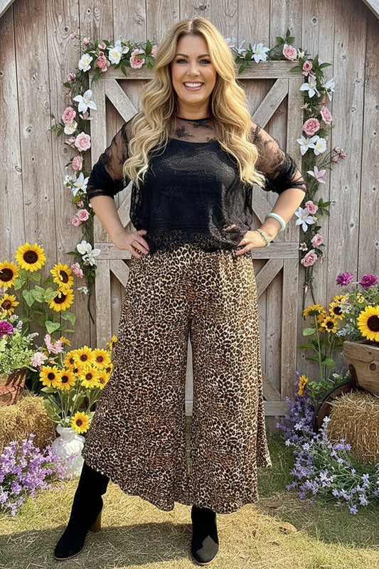 Brown leopard printed ruffle wide leg stretchy women pant