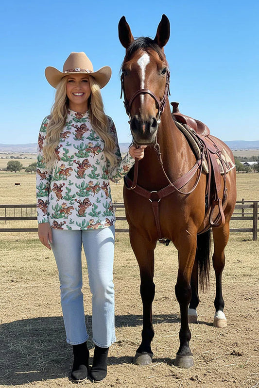 Western horse riding & cactus printed mesh long sleeve women top